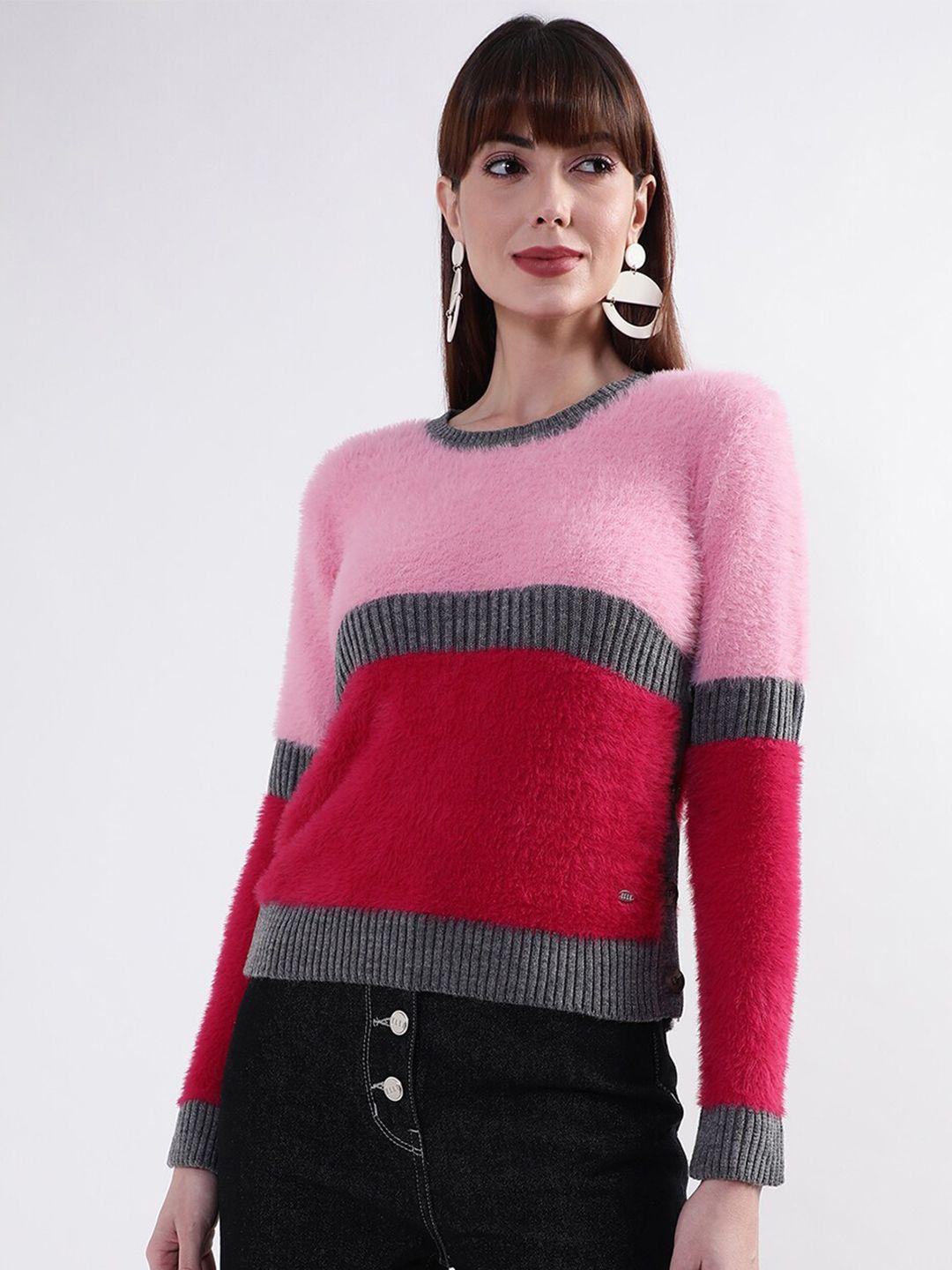 elle women pink & grey colourblocked pullover