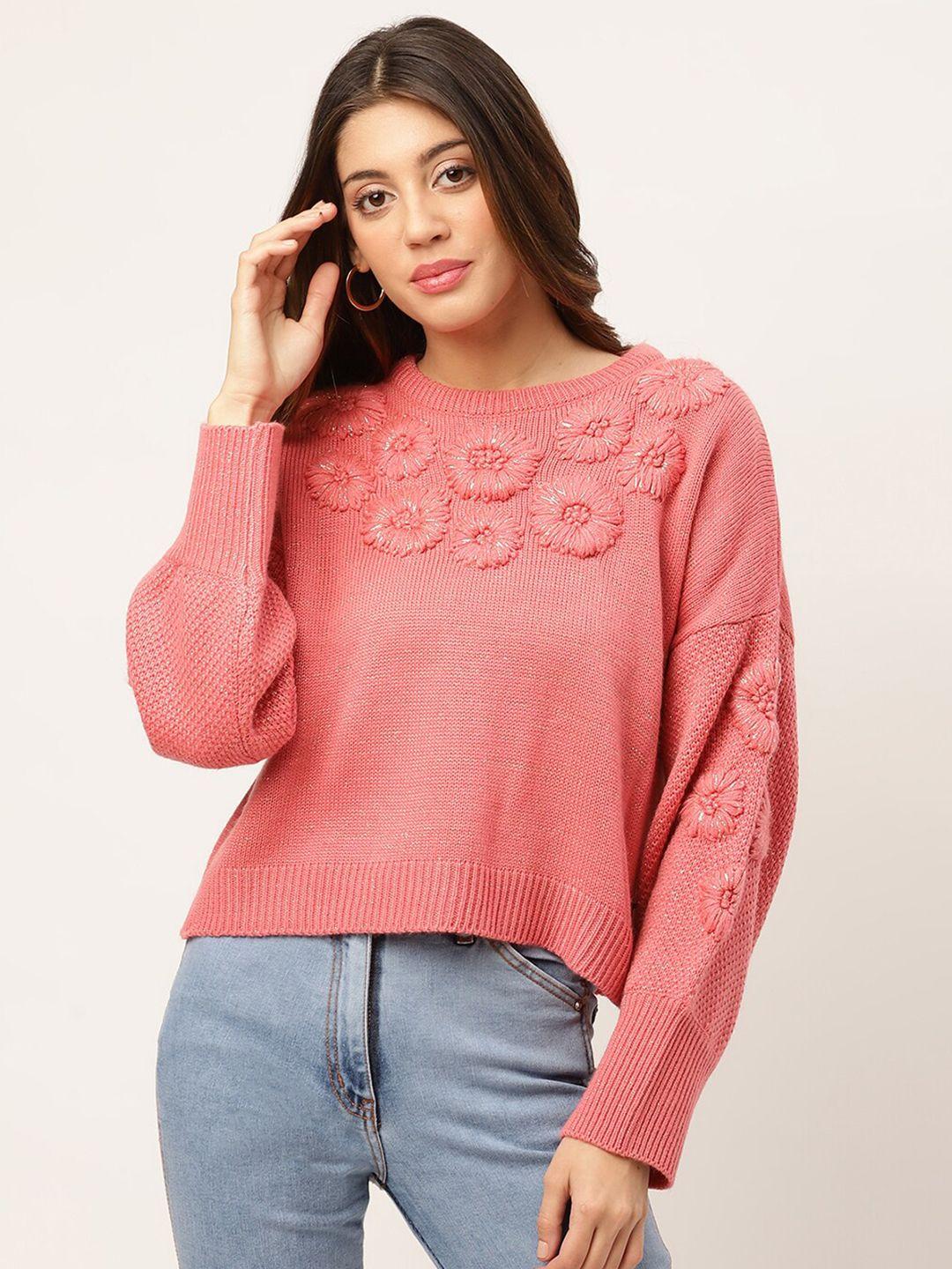 elle women pink embroidered floral pullover