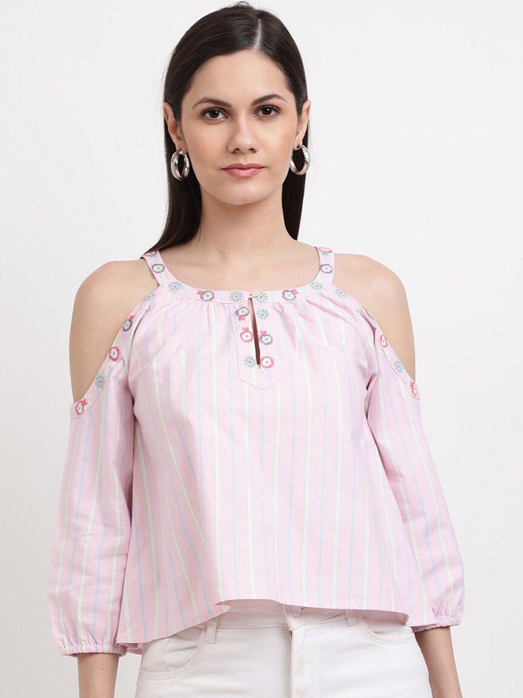 elle women pink striped cold shoulder cotton top