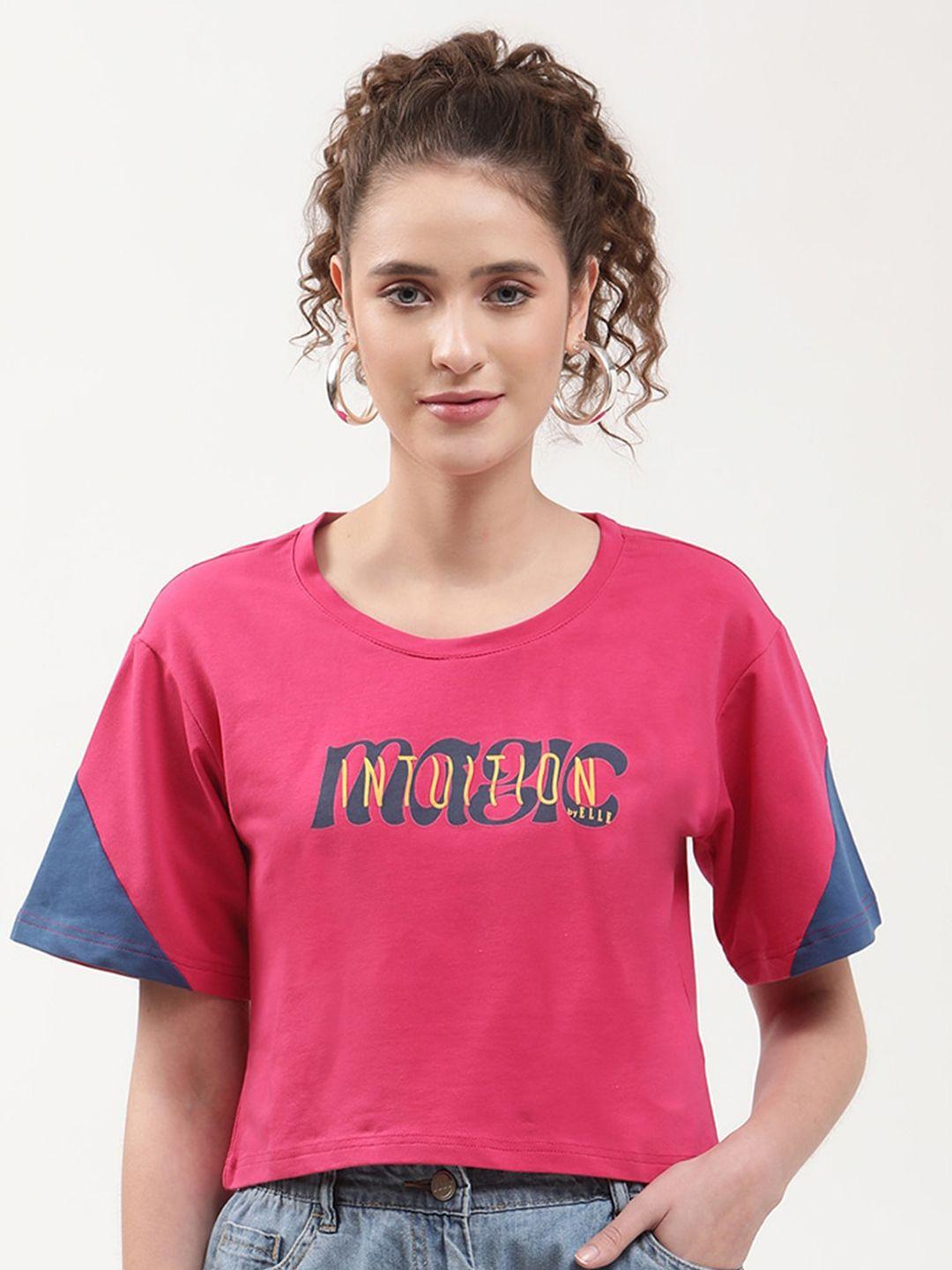 elle women pink typography drop-shoulder sleeves slim fit cotton t-shirt