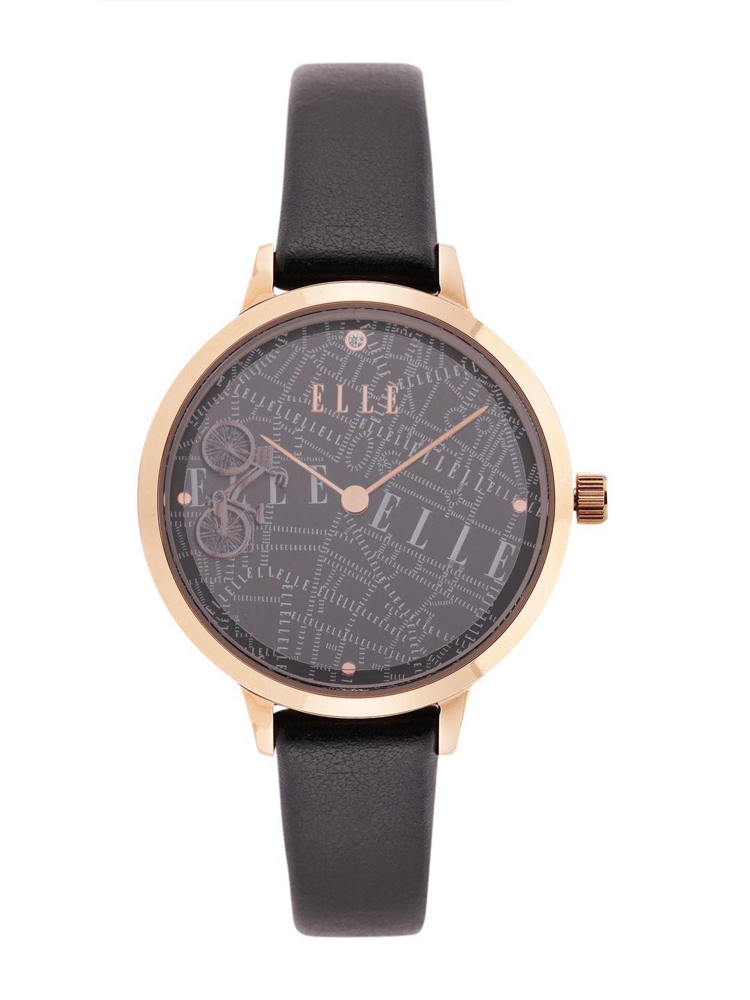 elle women printed eifel leather analogue watch ell23017-black