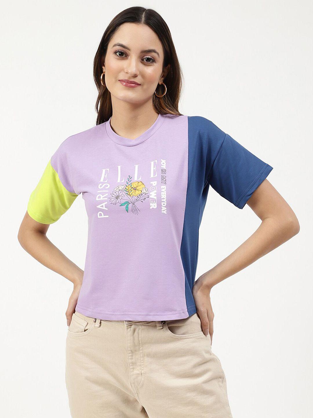 elle women purple & blue typography printed drop-shoulder sleeves slim fit cotton t-shirt