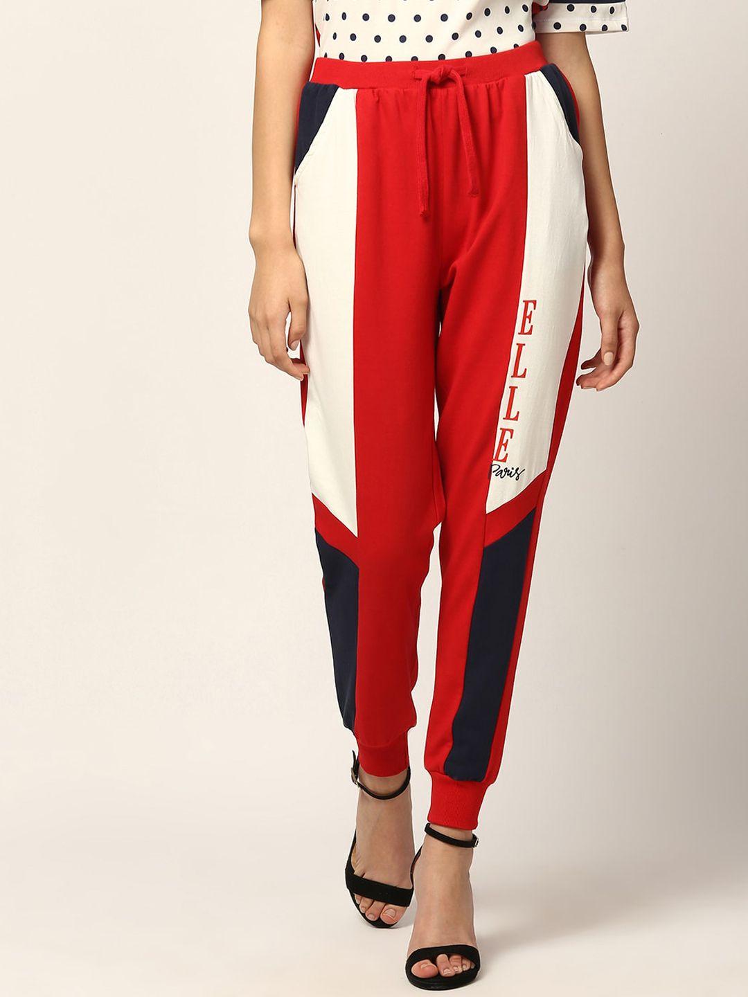 elle women red & off-white colourblocked straight-fit joggers