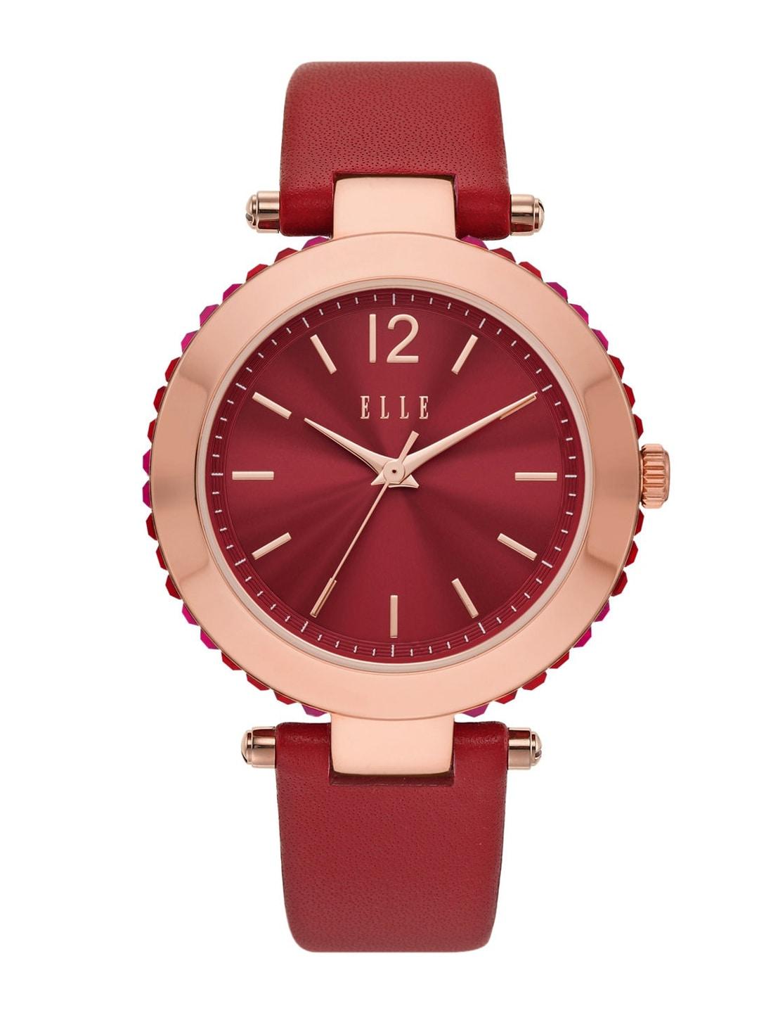 elle women red solid dial & red leather straps analogue watch ell23015