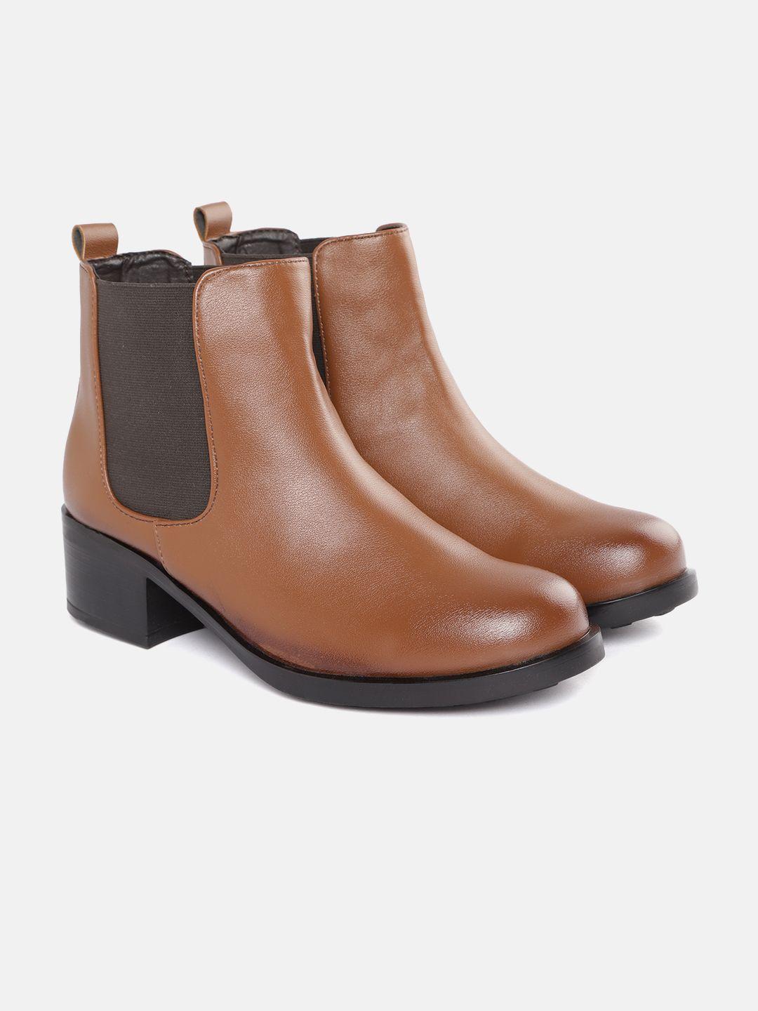 elle women tan brown solid mid-top block heel chelsea boots