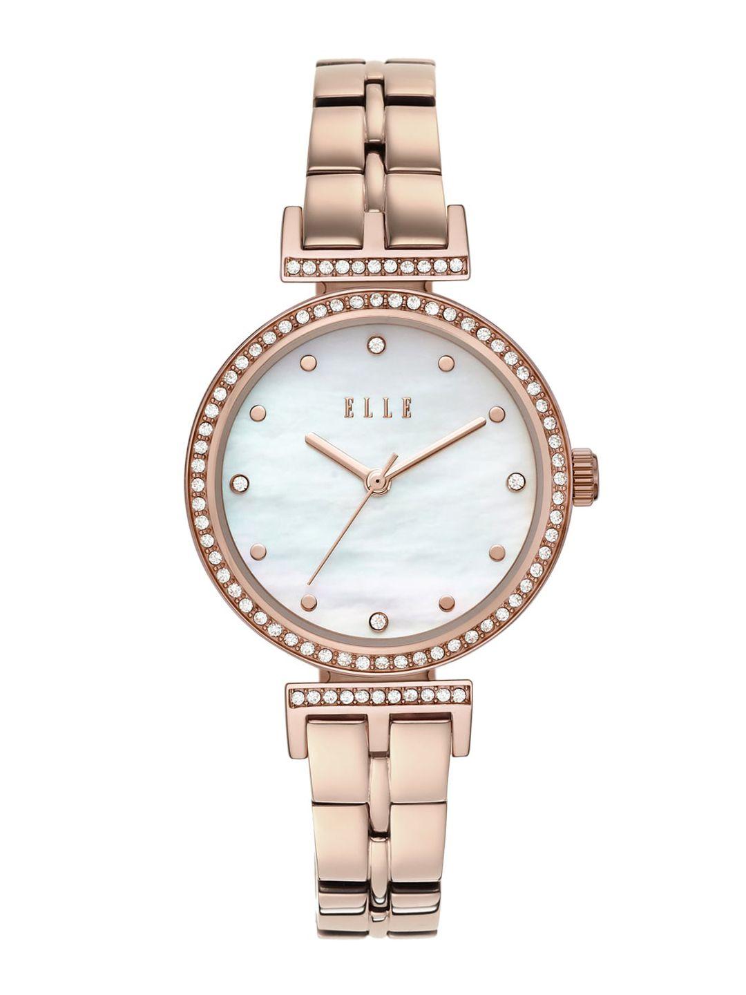 elle women white embellished dial & rose gold-plated straps analogue watch ell21066