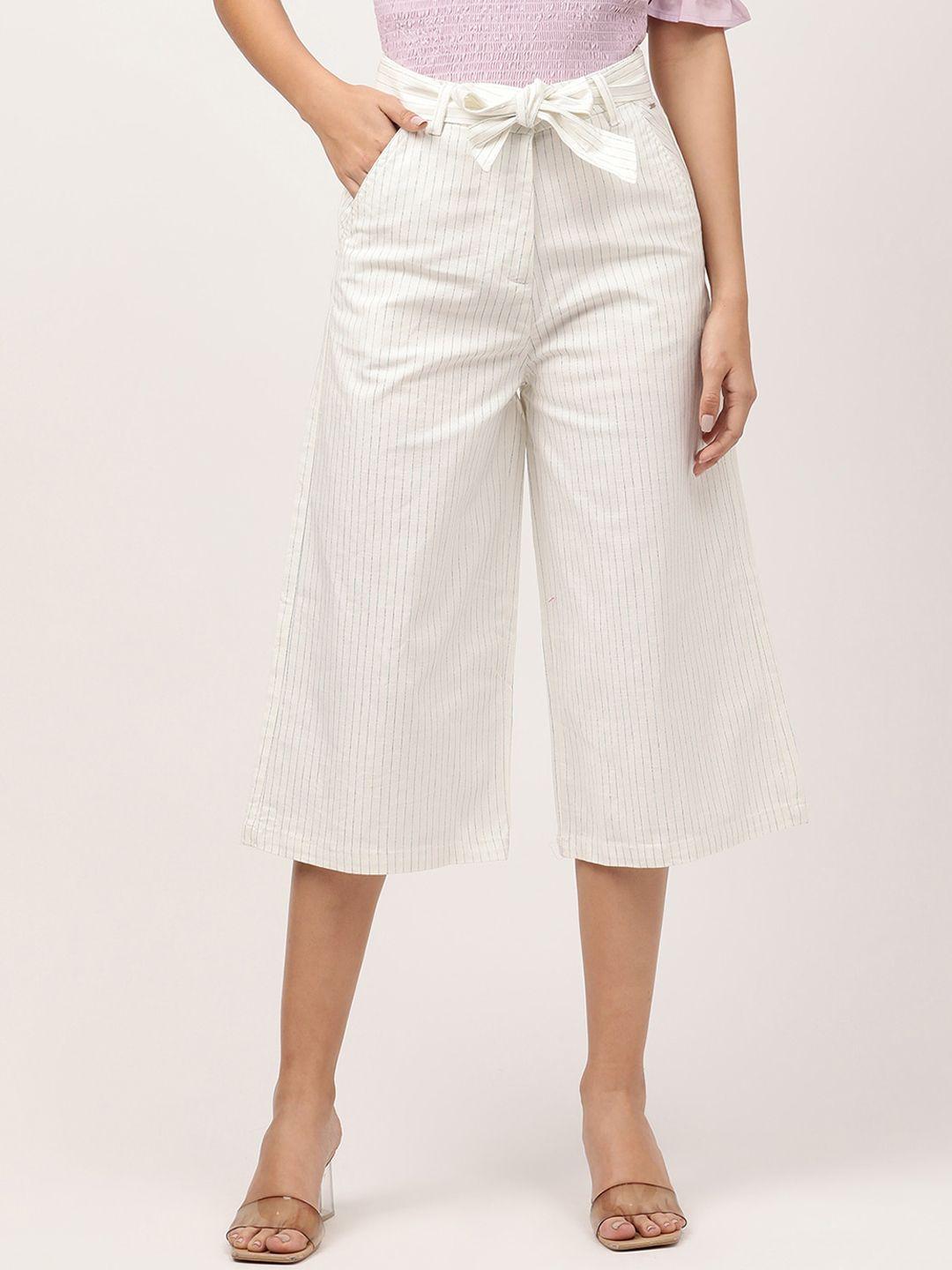 elle women white striped relaxed cotton culottes trousers