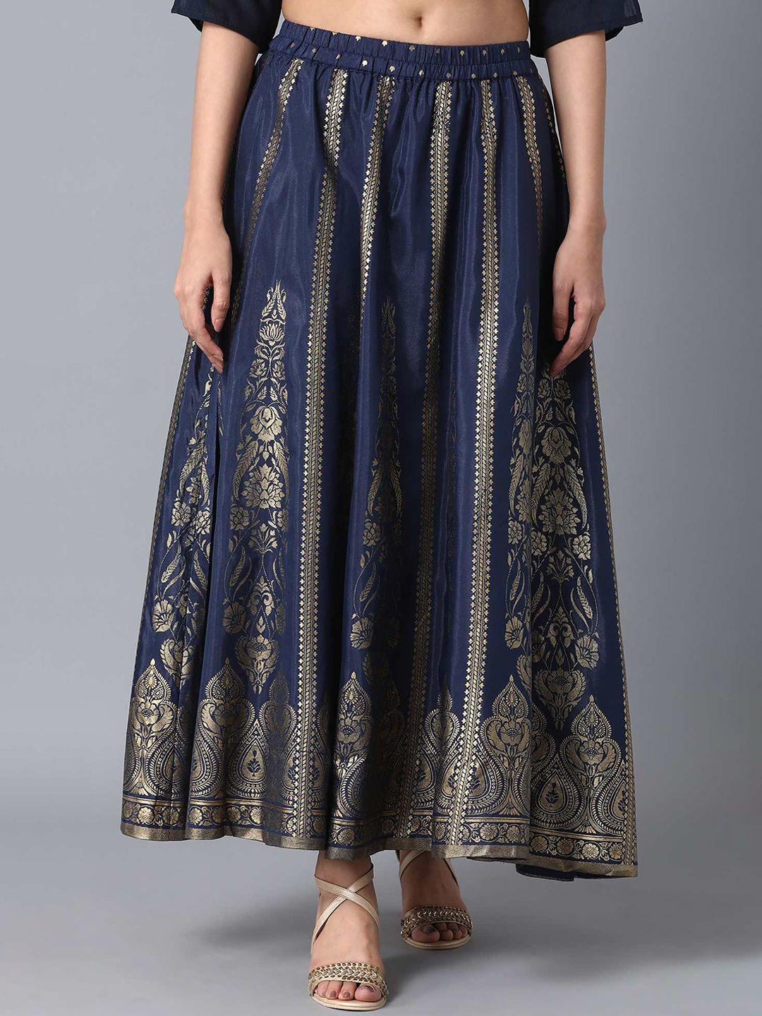 elleven women navy blue printed flared maxi skirt