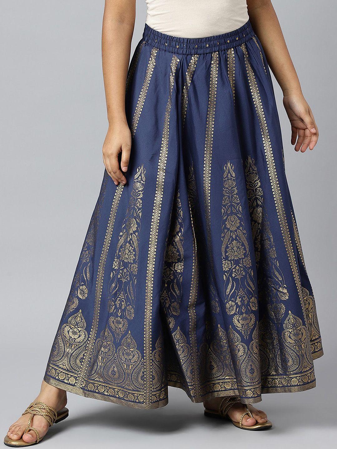 elleven women navy-blue & golden printed flared maxi skirt