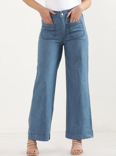 elleven from aurelia blue cotton mid rise flared jeans