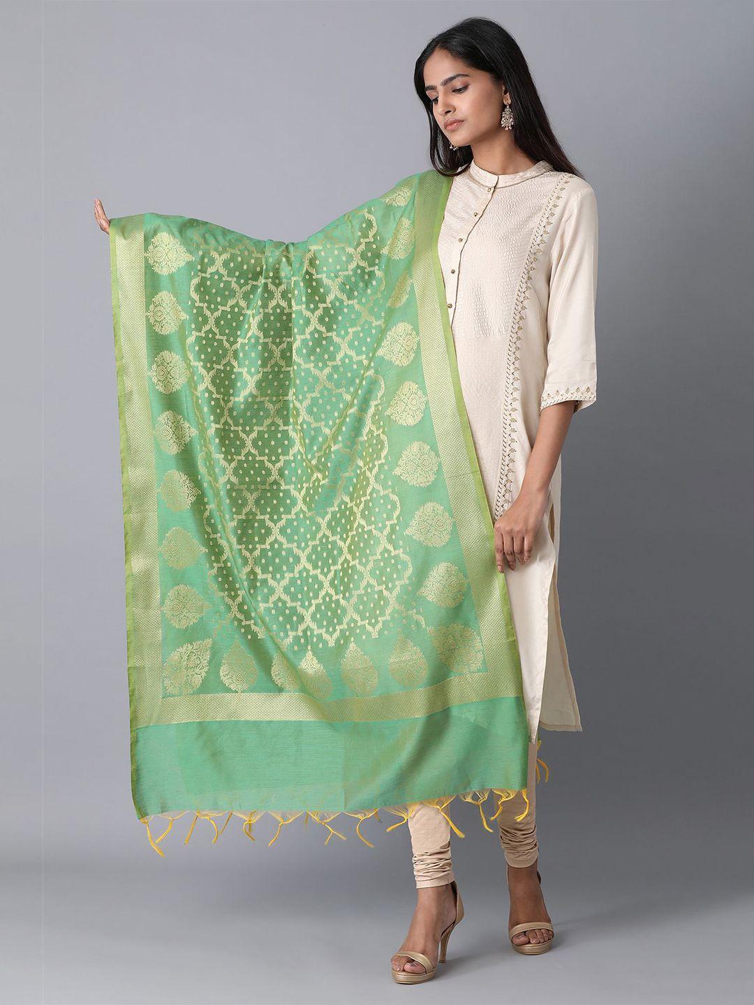 elleven green & gold-toned ethnic motifs woven design dupatta