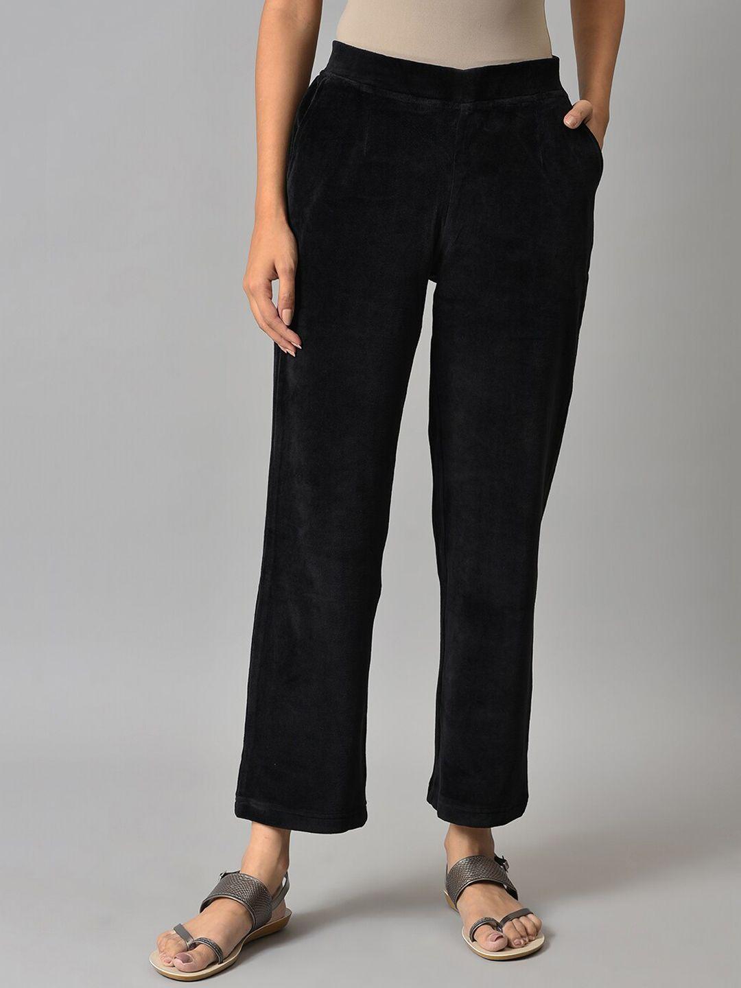 elleven women black cotton solid trousers