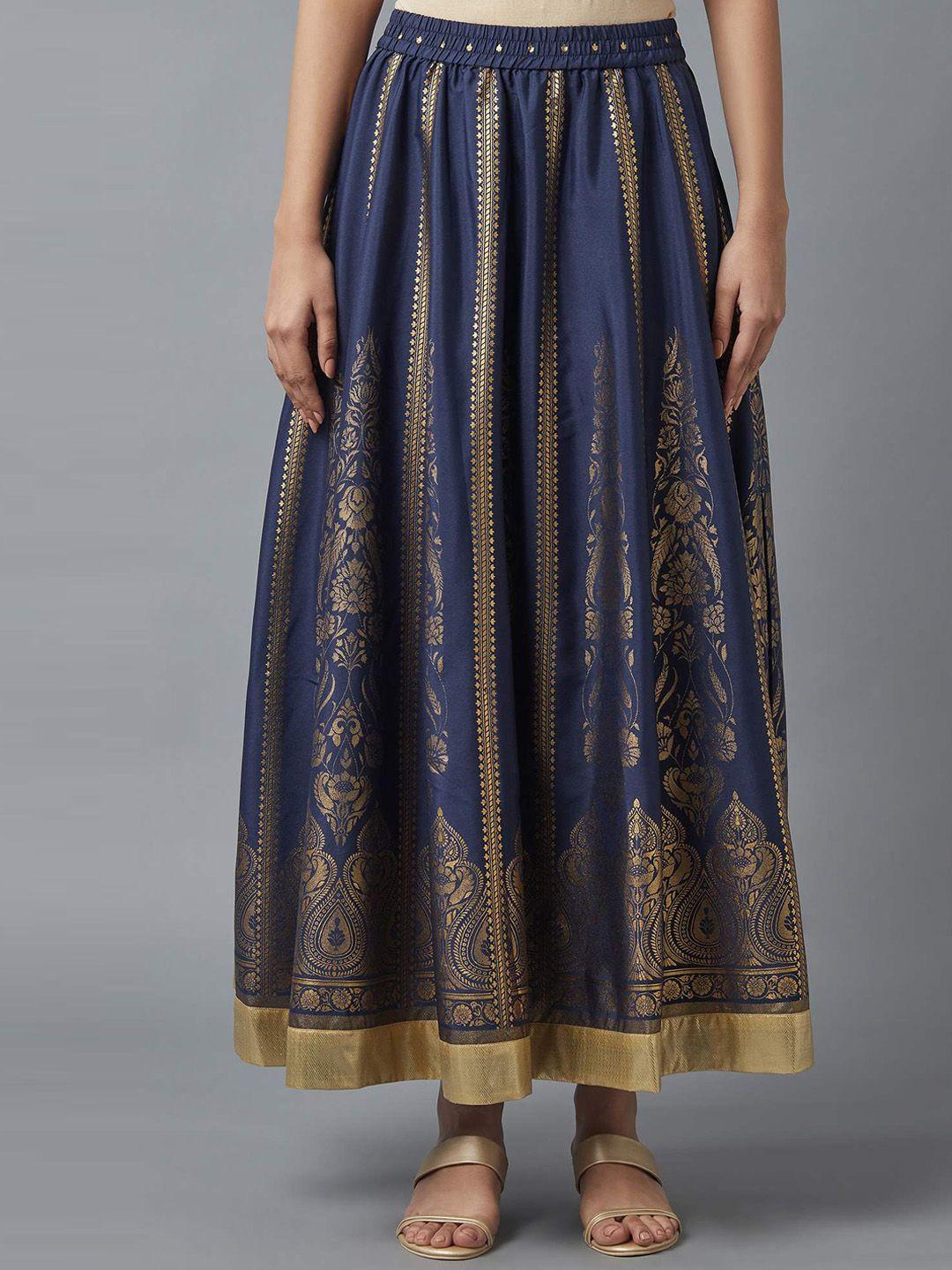 elleven women blue & gold-coloured printed flared maxi skirt