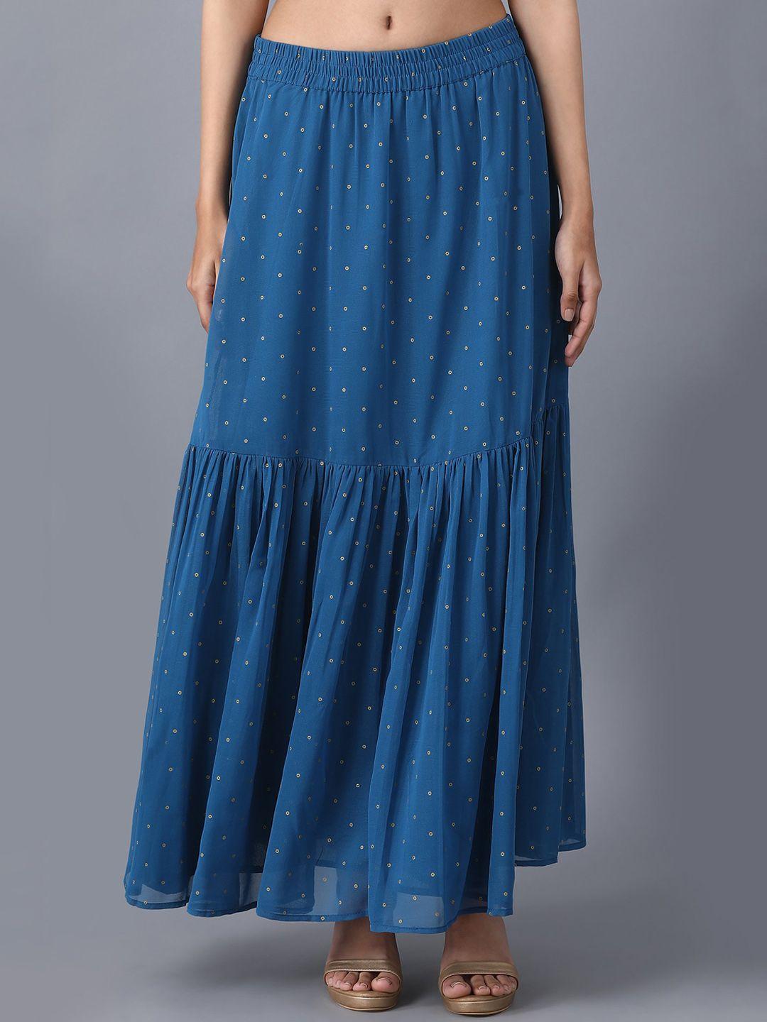 elleven women blue & gold-coloured printed tiered maxi skirt