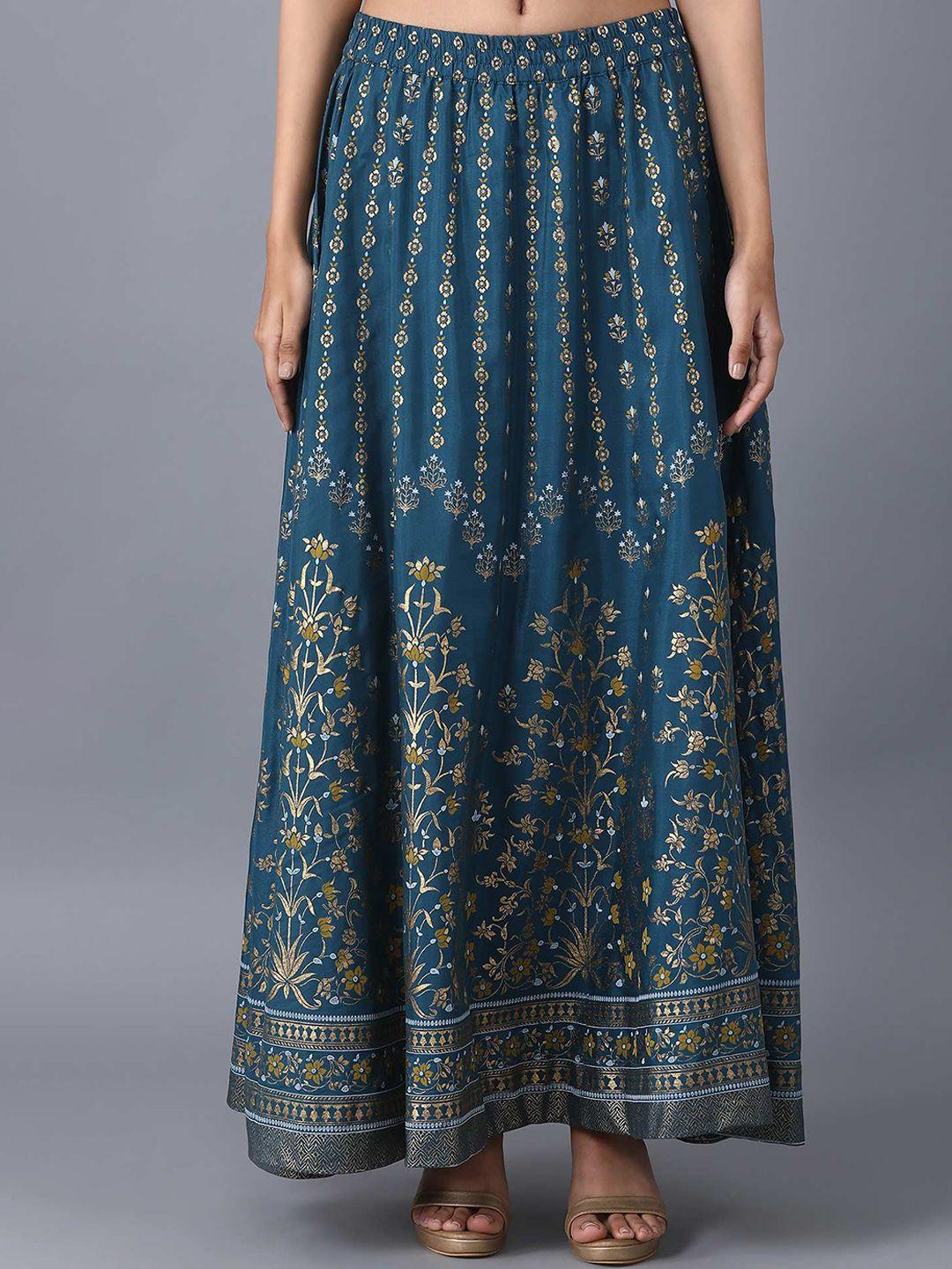 elleven women blue & gold floral printed flared maxi skirt
