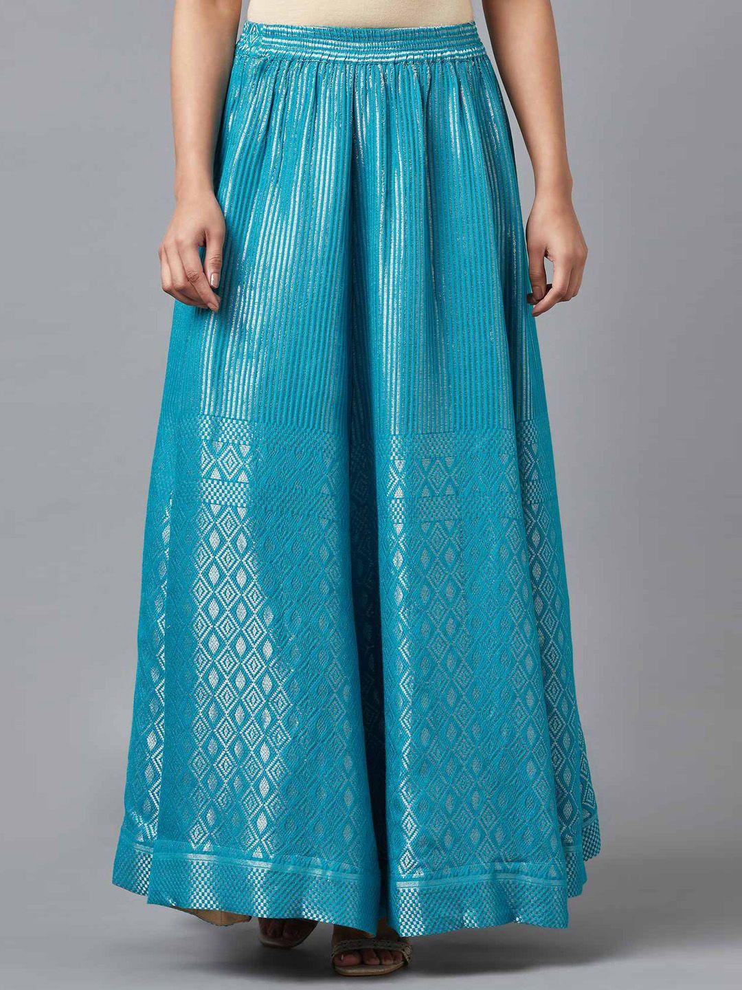 elleven women blue self design flared maxi-skirts