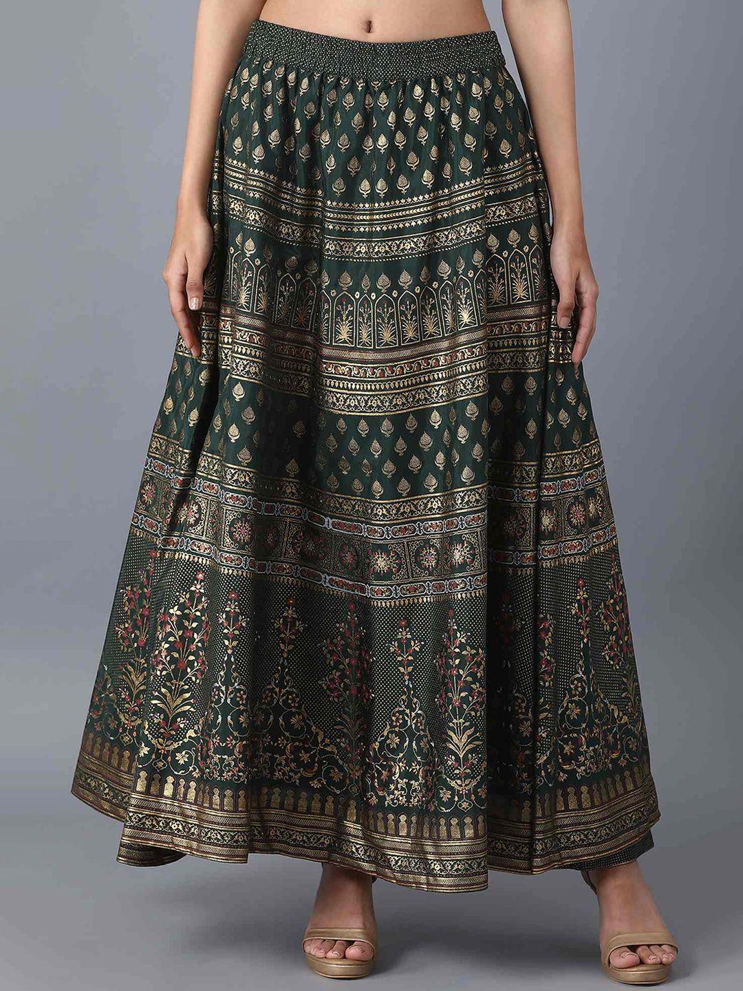 elleven women green & gold-coloured floral printed flared maxi skirt