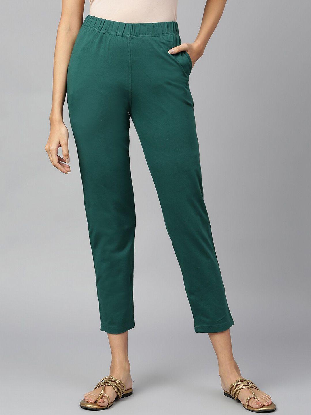 elleven women green cotton solid trousers