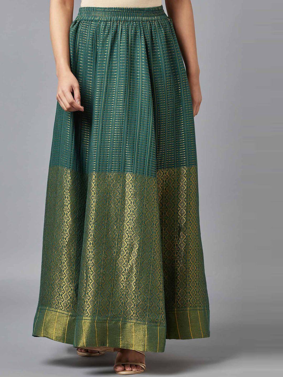 elleven women green self-design flared maxi skirt