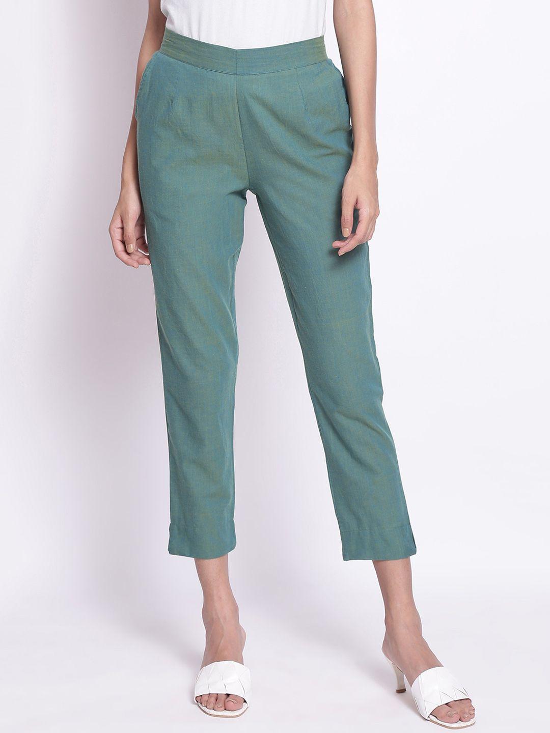 elleven women green solid trousers