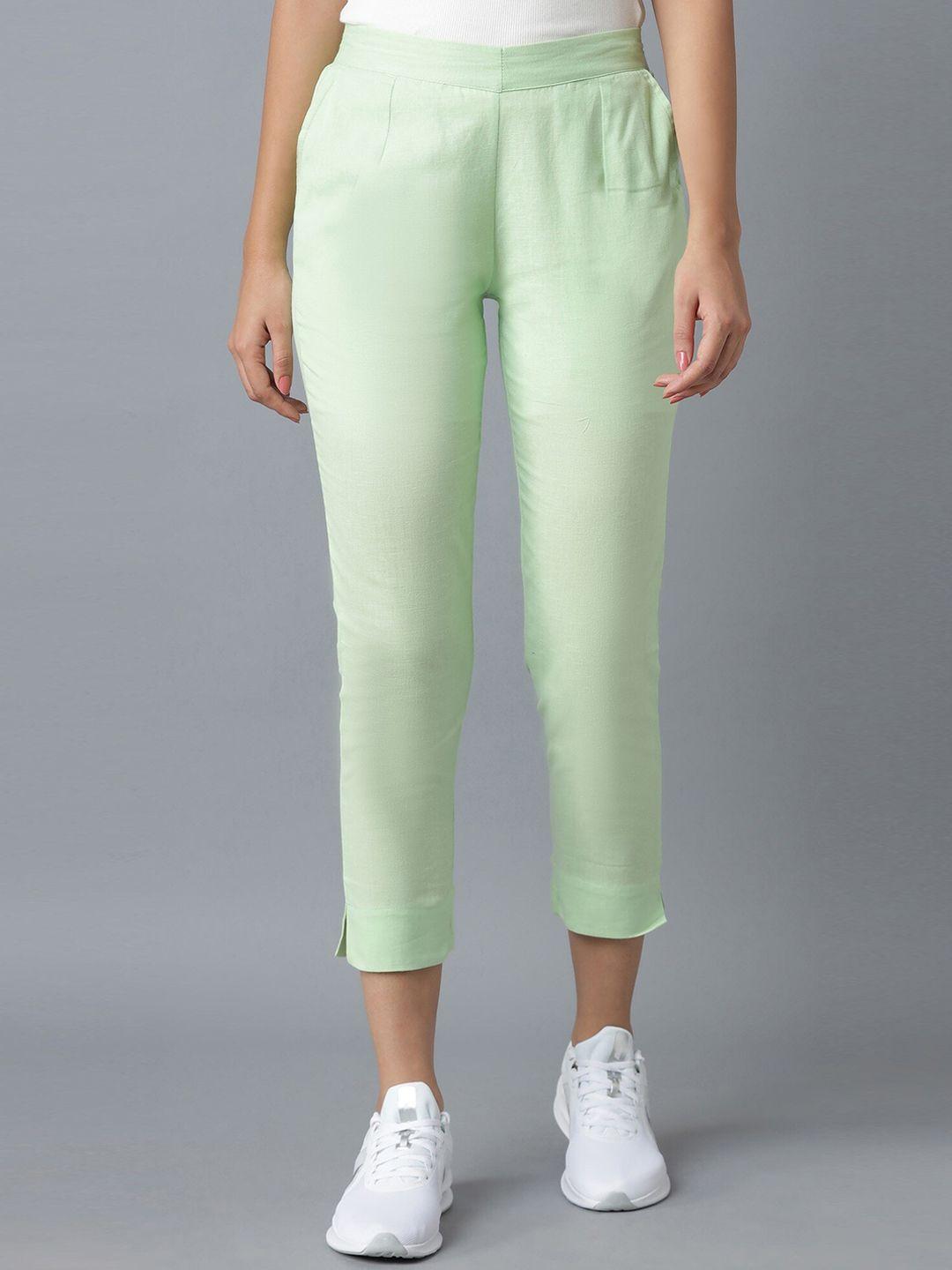 elleven women green tapered fit pleated cigarette trousers