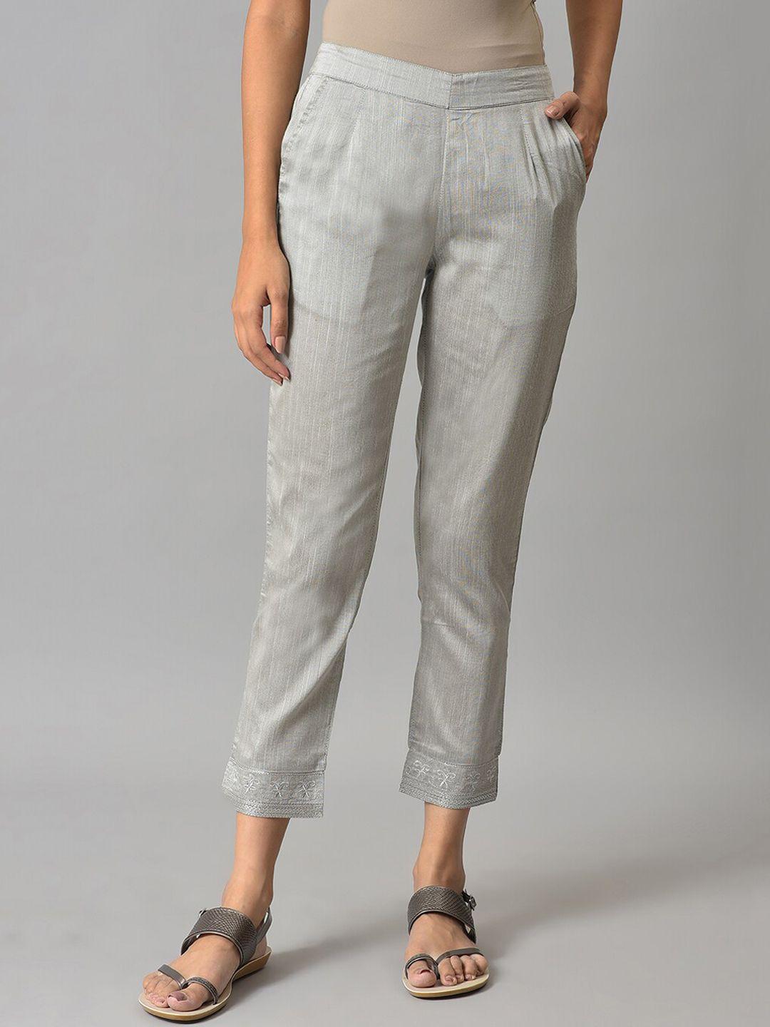 elleven women grey solid cigarette trousers