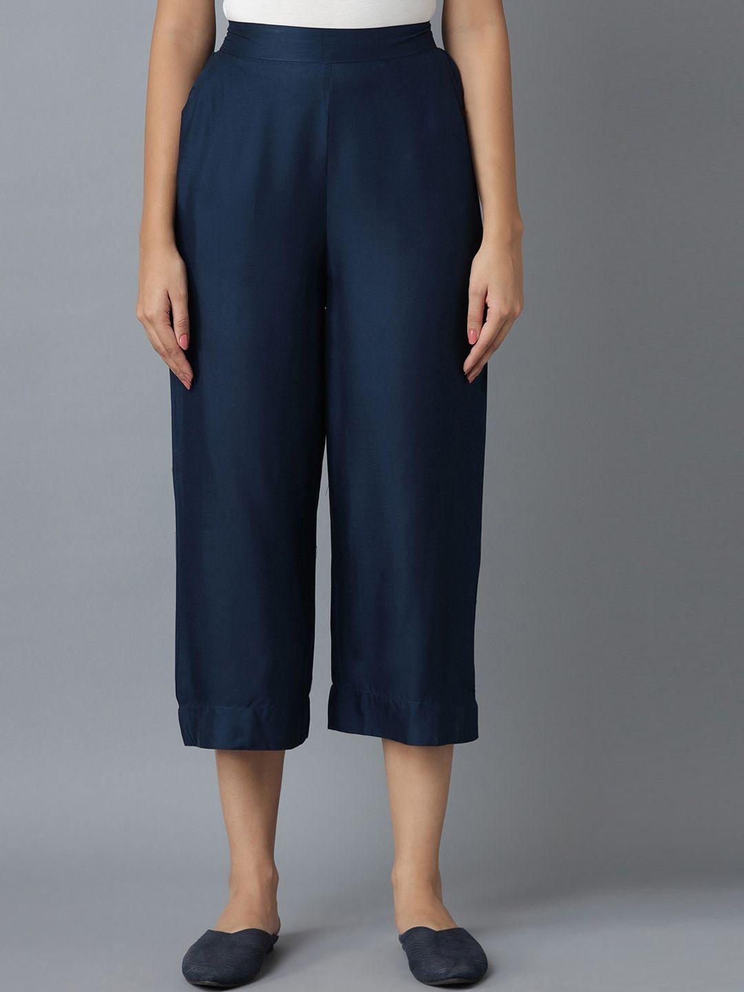 elleven women navy blue solid tapered fit culottes