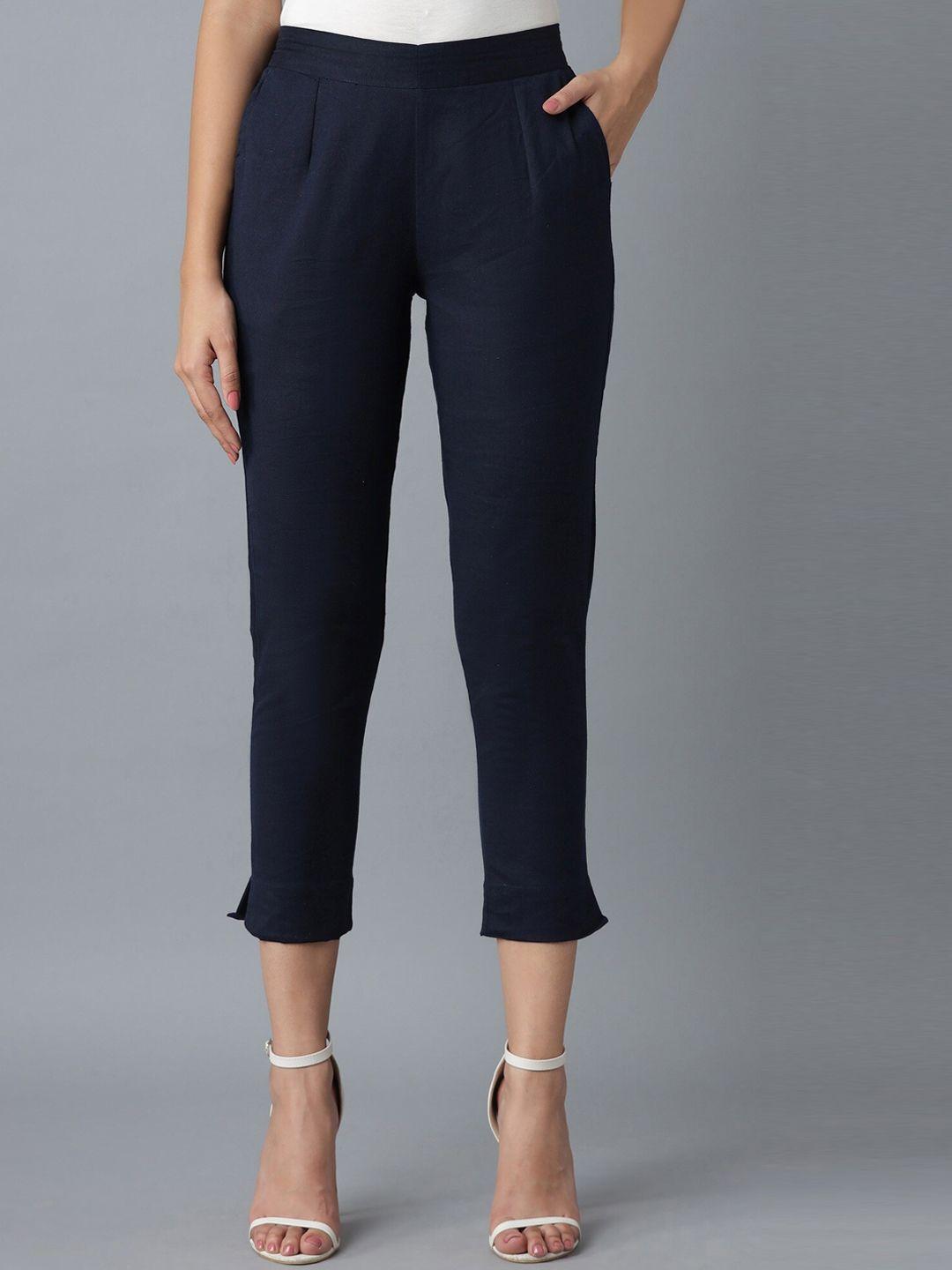 elleven women navy blue tapered fit pleated cigarette trousers