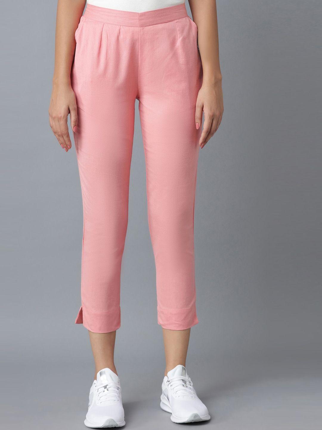 elleven women pink solid tapered fit pleated trousers