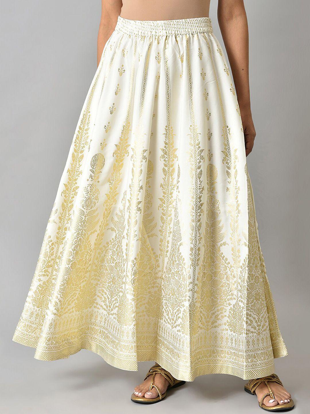 elleven women white floral printed flared maxi skirt