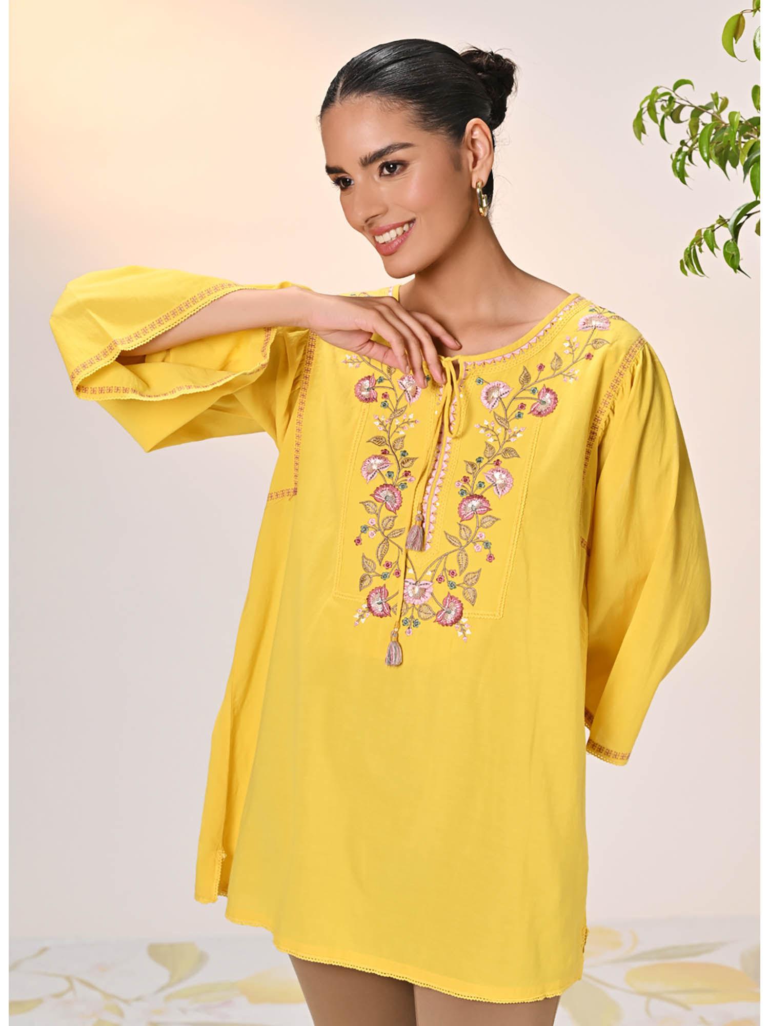 elnaz bright yellow embroidered tunic for women