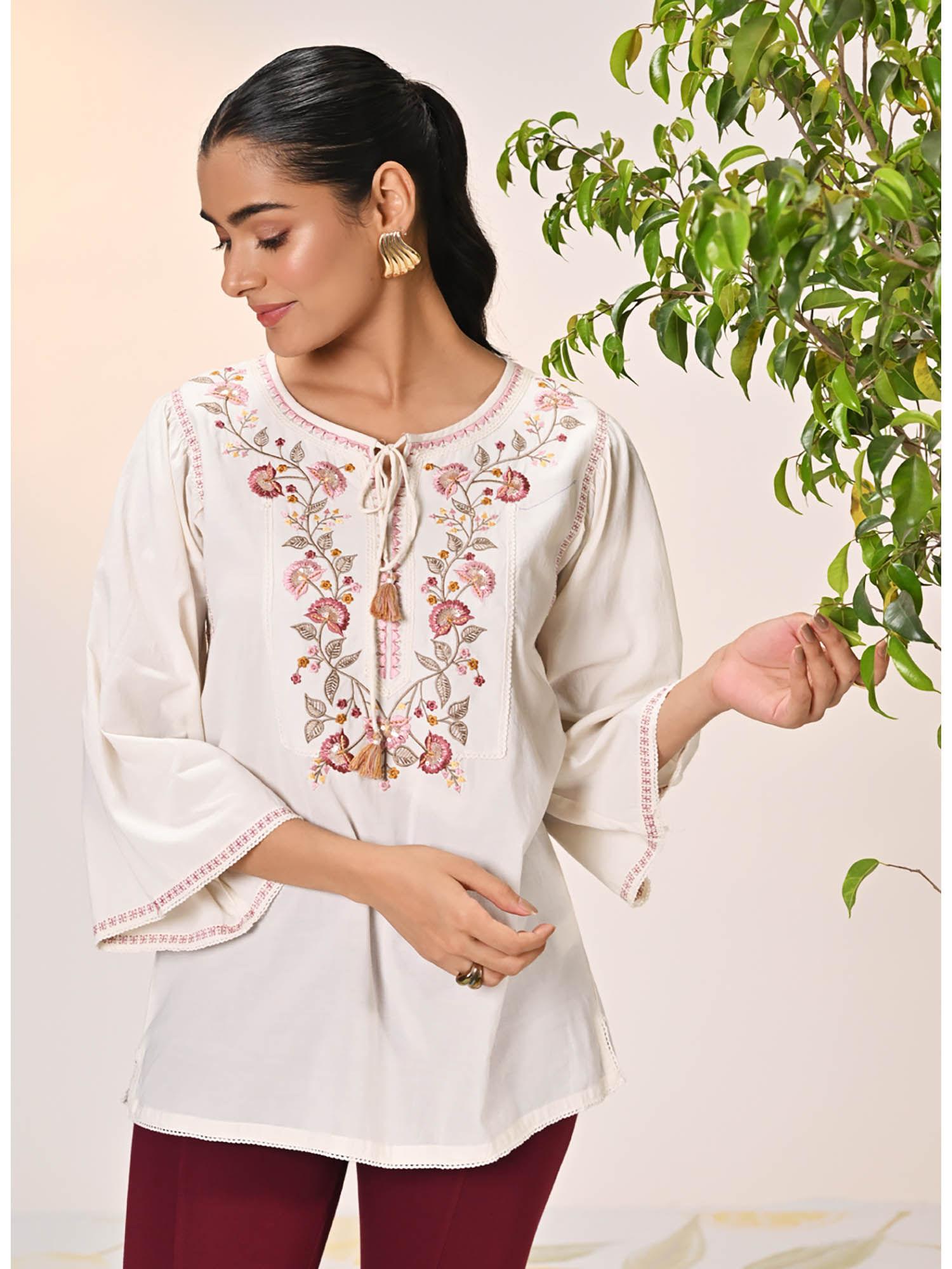 elnaz ivory embroidered tunic for women