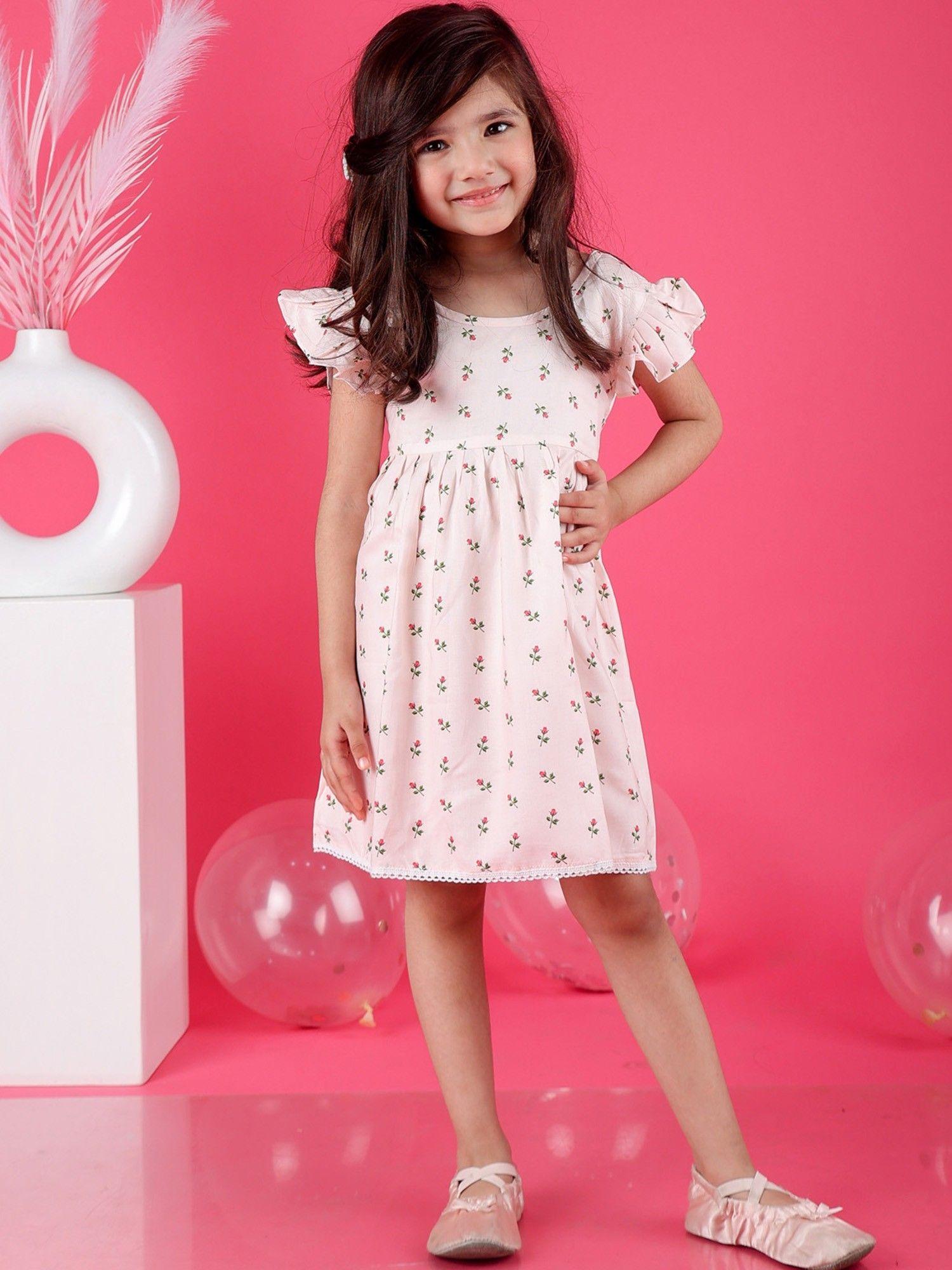 eloise dress in rose print with hem lace peach