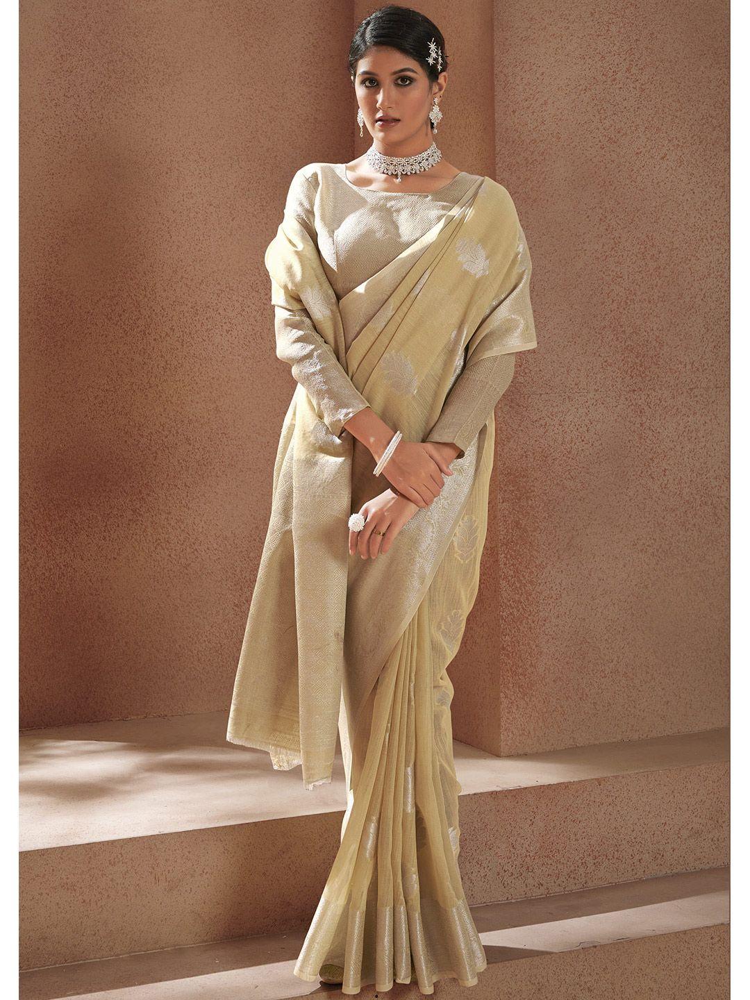 elora beige & gold-toned woven design zari silk blend banarasi saree