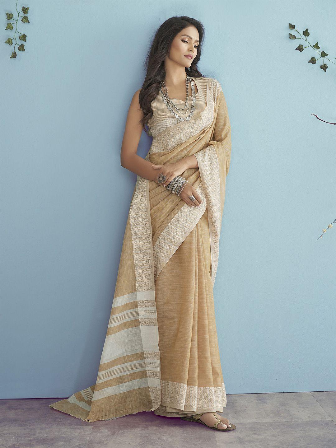elora beige & off white zari woven design linen blend saree