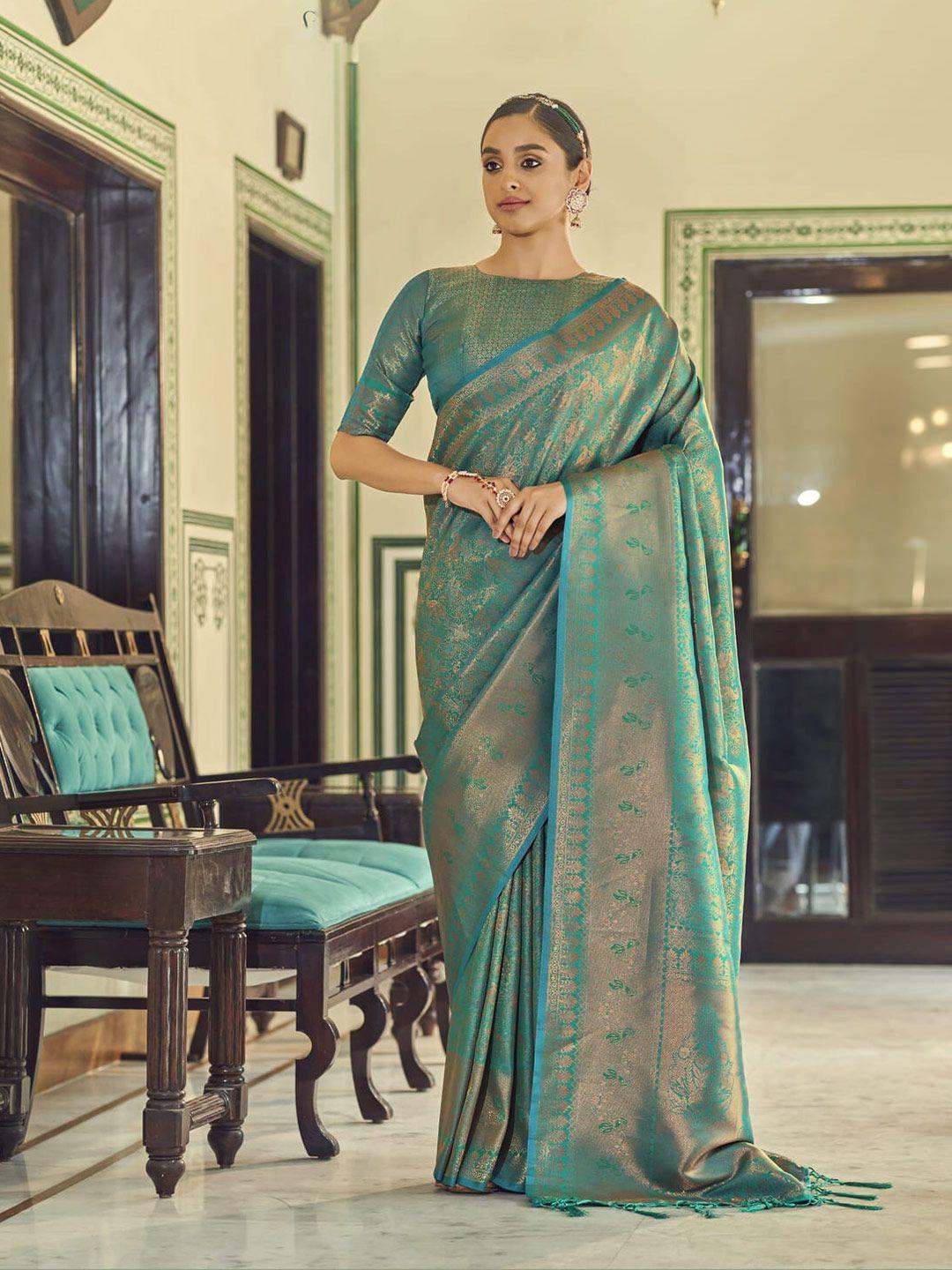 elora green & gold-toned ethnic motifs zari silk blend saree