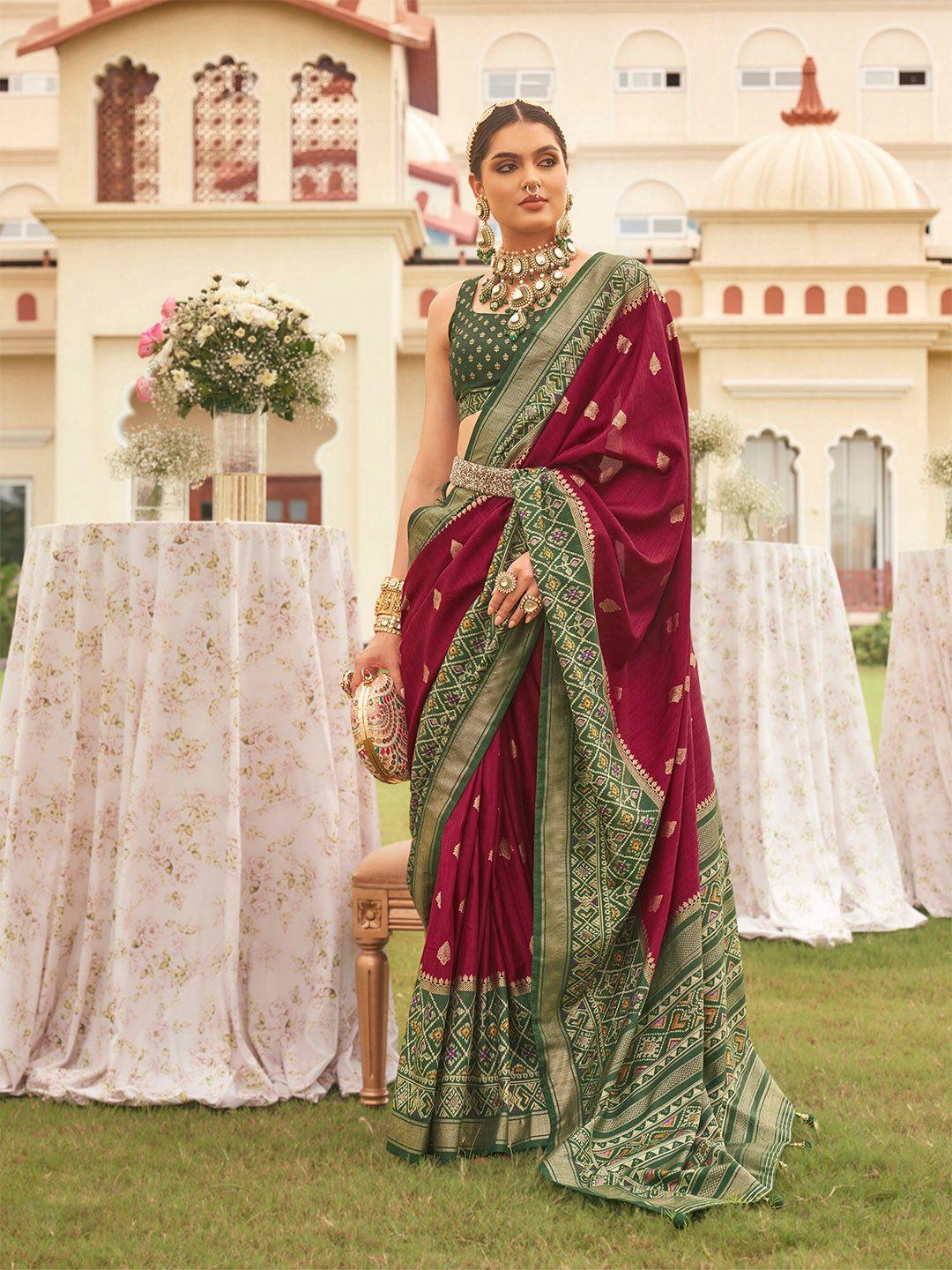 elora maroon & green woven design silk blend designer patola saree