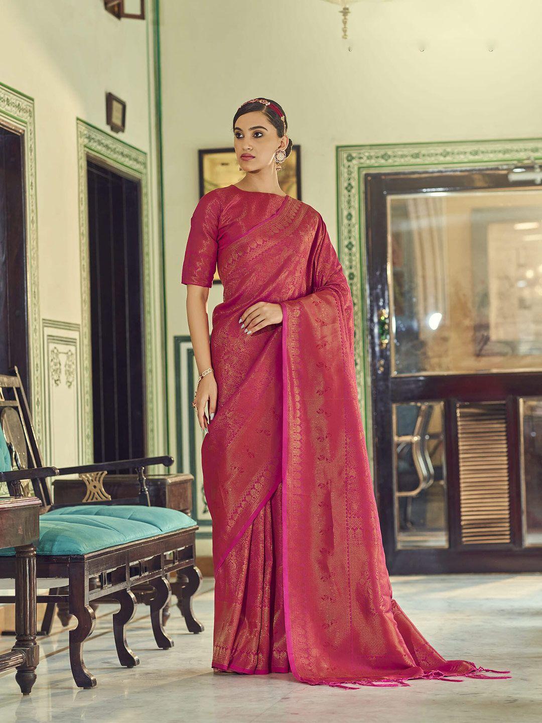 elora pink & gold-toned ethnic motifs zari silk blend saree