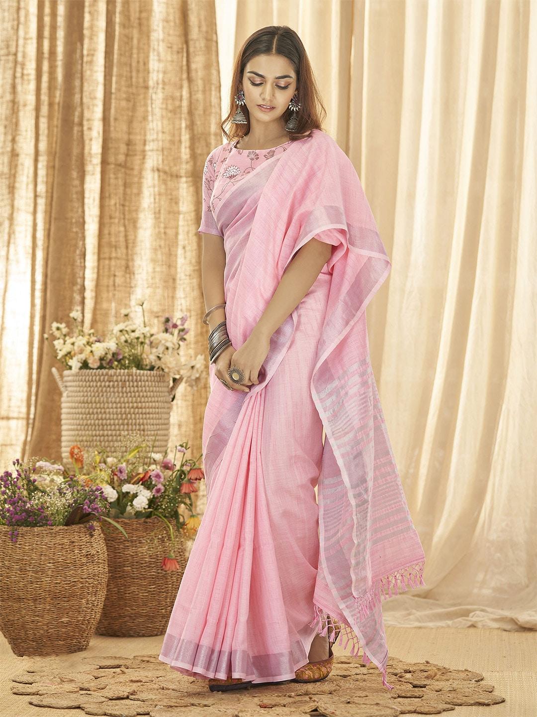 elora pink & silver-toned woven design linen blend bhagalpuri saree