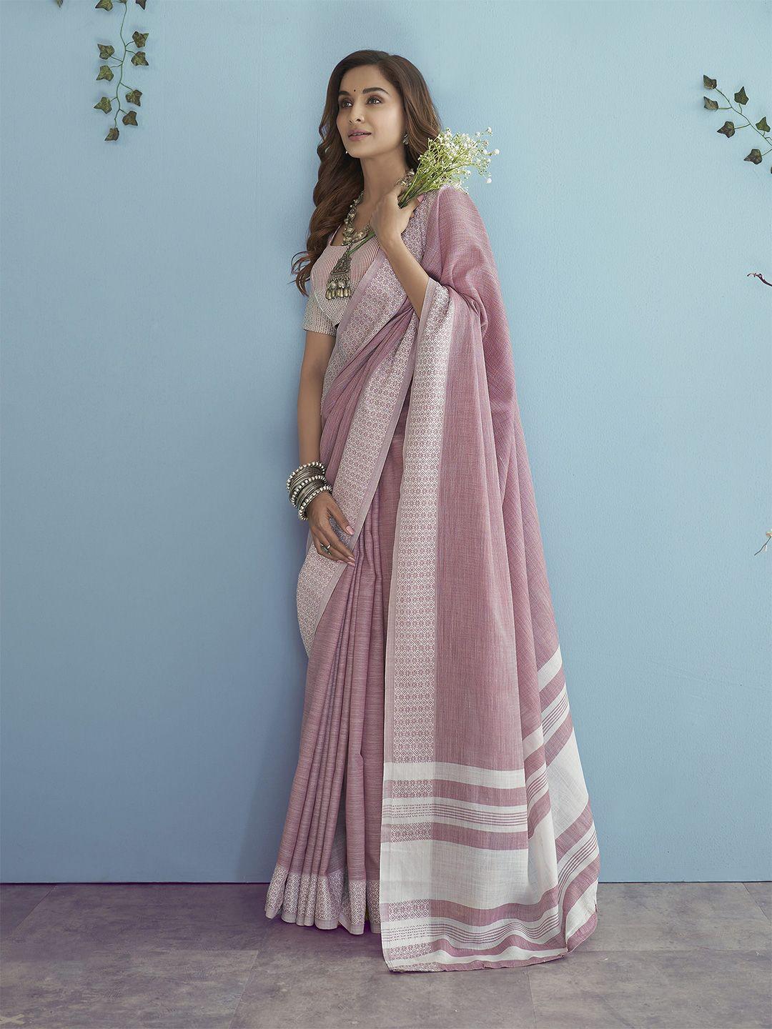 elora pink & white solid linen blend saree
