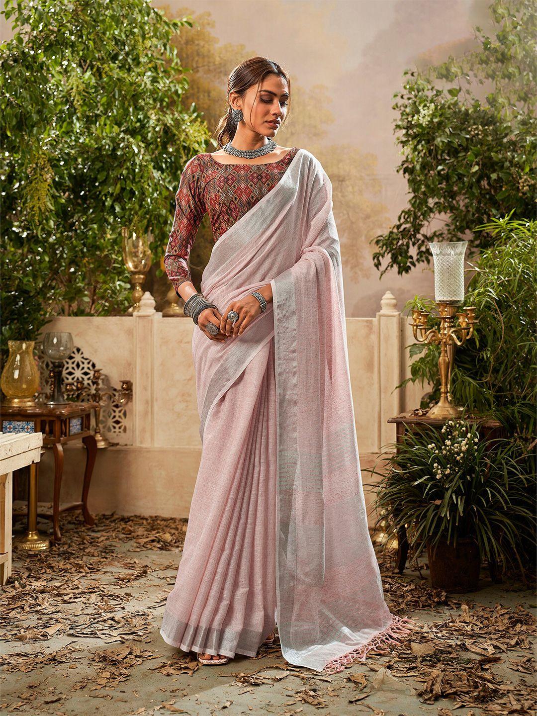 elora pink zari linen blend handloom khadi saree