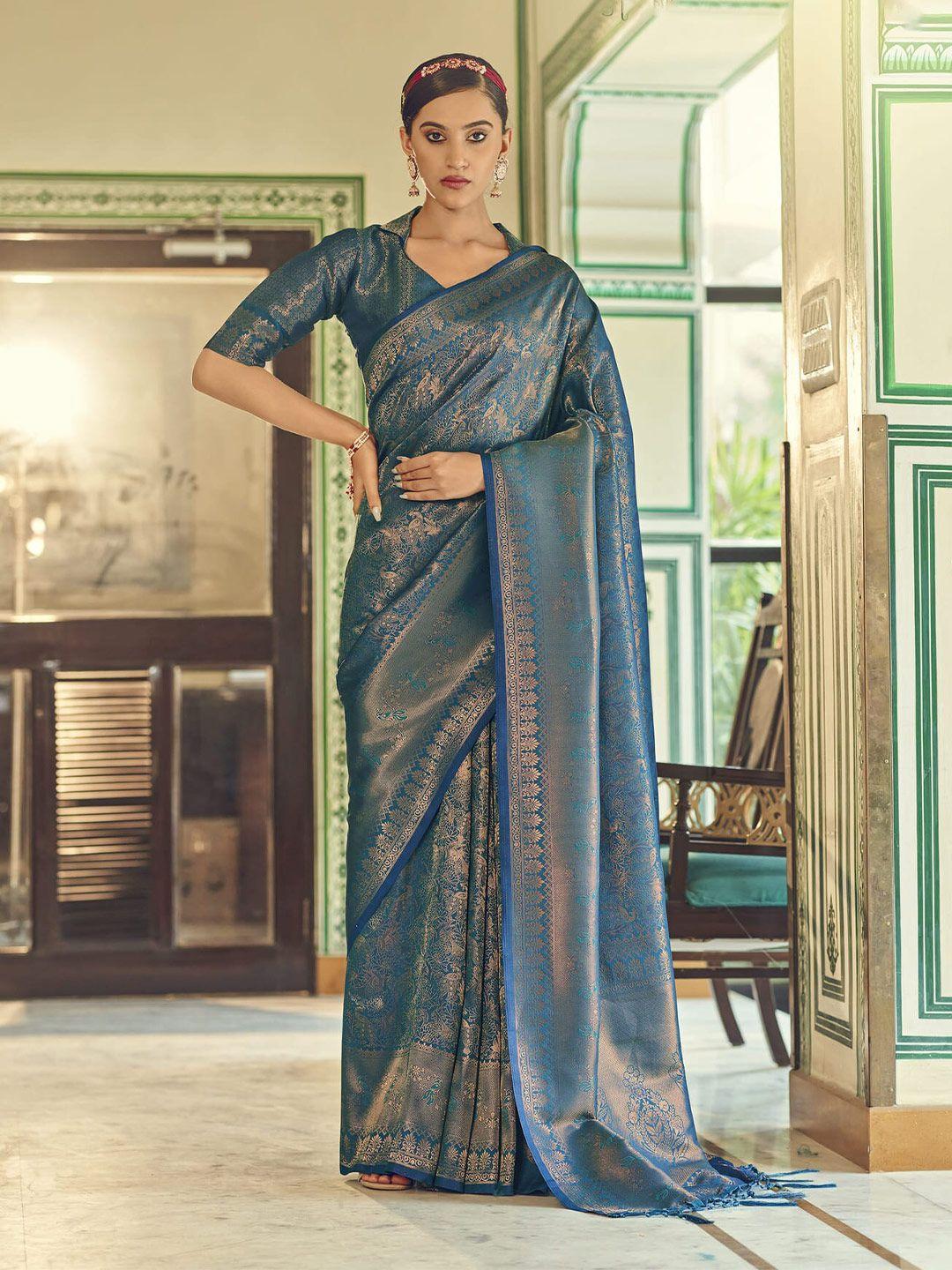elora teal & gold-toned ethnic motifs zari silk blend saree