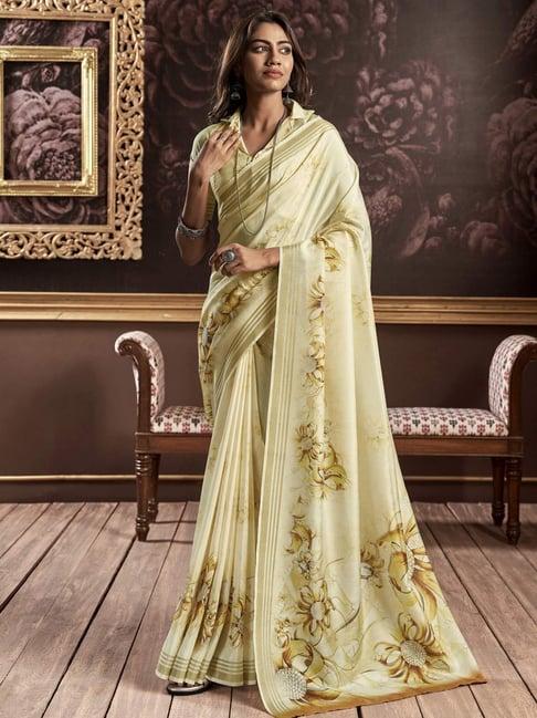 elora beige silk floral print saree with unstitched blouse