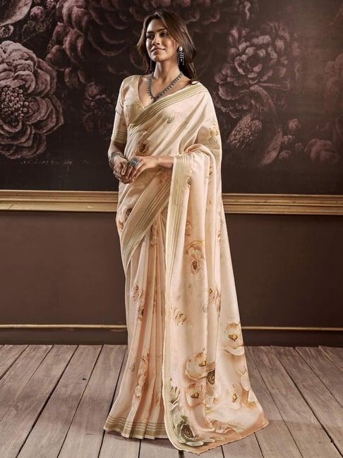 elora beige silk floral print saree with unstitched blouse