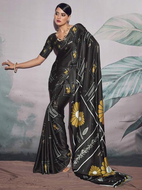 elora black floral print saree with unstitched blouse