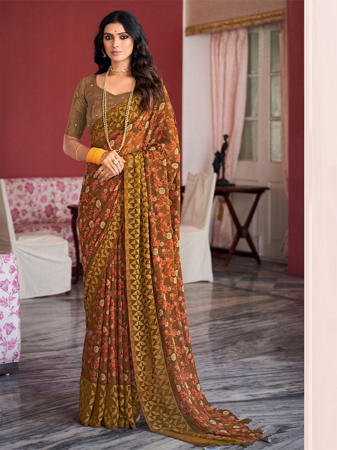 elora brown & orange floral pure georgette bhagalpuri saree
