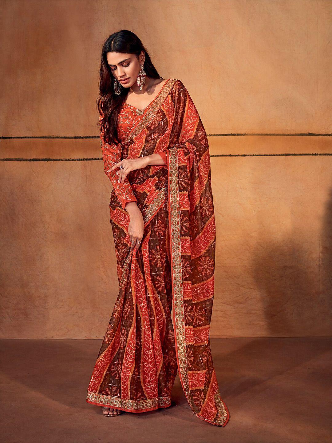 elora brown & red bandhani printed pure chiffon bandhani saree
