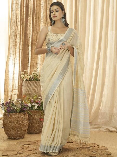 elora cream linen striped saree with unstitched blouse