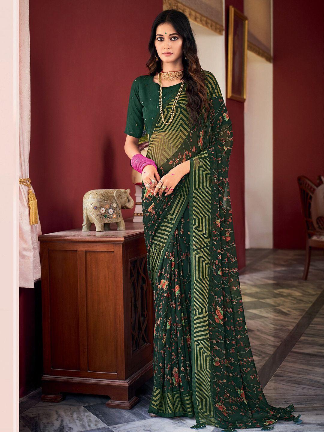 elora green & red floral pure georgette bhagalpuri saree
