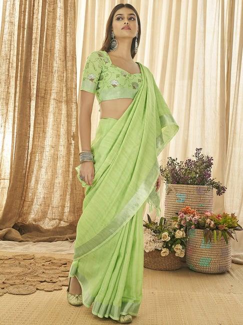 elora green linen striped saree with unstitched blouse